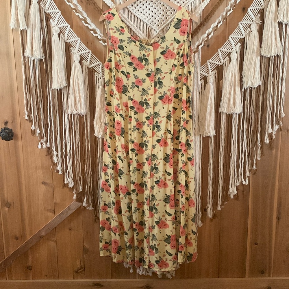 Koret Yellow Pink Roses Button Down Sleeveless Dress Size L